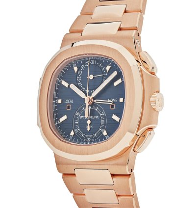 Patek Philippe Nautilus 5990 1r-001 Travel Time Chronograph Rose Gold Blue Dial