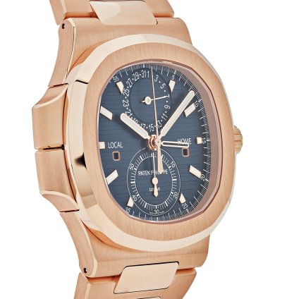 Patek Philippe Nautilus 5990 1r-001 Travel Time Chronograph Rose Gold Blue Dial