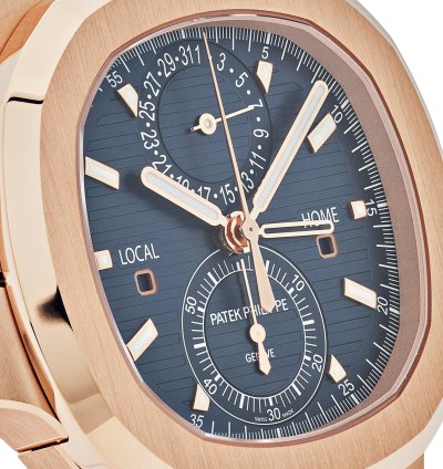 Patek Philippe Nautilus 5990 1r-001 Travel Time Chronograph Rose Gold Blue Dial