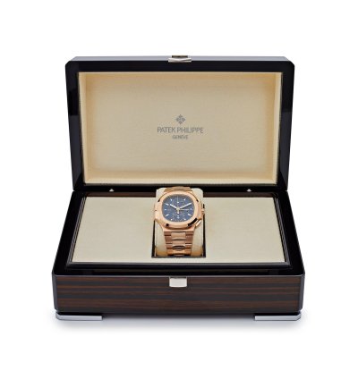 Patek Philippe Nautilus 5990 1r-001 Travel Time Chronograph Rose Gold Blue Dial