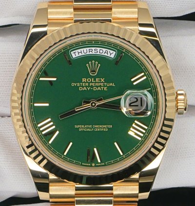 Rolex Day-date 40 Mint Complete Set Day Date Money Green Fluted Bezel Yellow Gold Presidential 228238