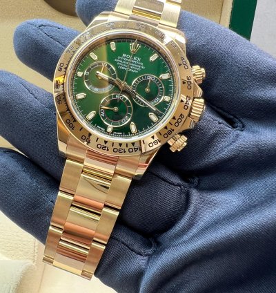 Rolex Daytona Green Dial Yellow Gold John Mayor Full Stickers Barcode And White Ta Discontinued