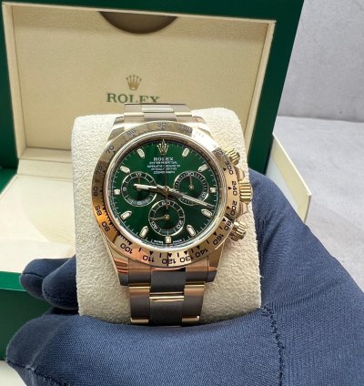 Rolex Daytona Green Dial Yellow Gold John Mayor Full Stickers Barcode And White Ta Discontinued