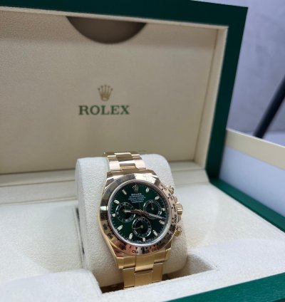 Rolex Daytona Green Dial Yellow Gold John Mayor Full Stickers Barcode And White Ta Discontinued