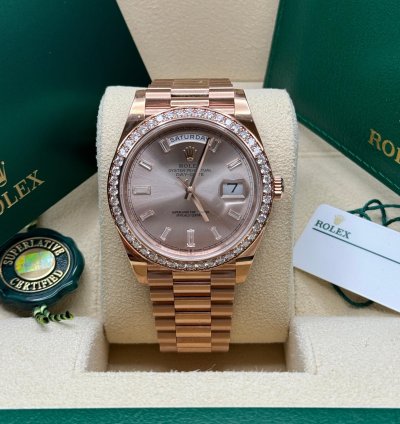 Rolex Day-date 40 New 2022 Sundust Pink Diamond Baguette Dial Diamond Bezel Rose Gold President