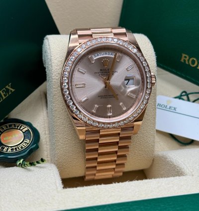 Rolex Day-date 40 New 2022 Sundust Pink Diamond Baguette Dial Diamond Bezel Rose Gold President