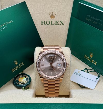 Rolex Day-date 40 New 2022 Sundust Pink Diamond Baguette Dial Diamond Bezel Rose Gold President