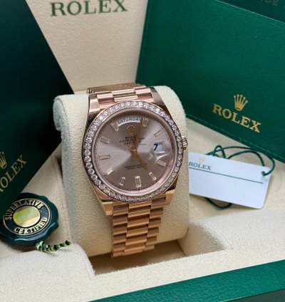 Rolex Day-date 40 New 2022 Sundust Pink Diamond Baguette Dial Diamond Bezel Rose Gold President