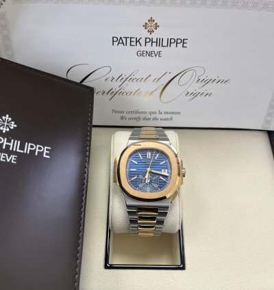 Patek Philippe Nautilus Chronograph Date 40 5mm Rose Gold Steel Blue Dial 5980 1ar-001
