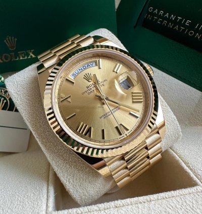 Rolex Day-date 40 New 2023 Champagne Gold Roman Dial President Bracelet Yellow Gold Fluted Bezel