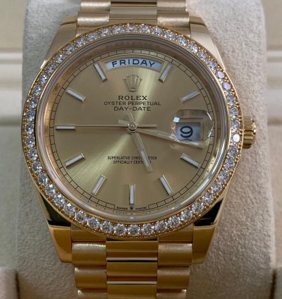 Rolex Day-date 40 New 2023 Unworn Day-date 40 President Yellow Gold Champagne Index Dial Diamond-set Bezel