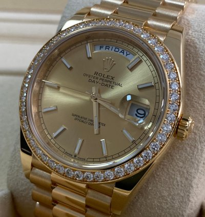 Rolex Day-date 40 New 2023 Unworn Day-date 40 President Yellow Gold Champagne Index Dial Diamond-set Bezel