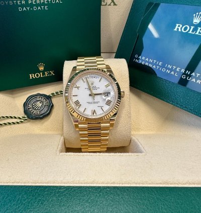 Rolex Day-date 40 New 2023 White Roman Dial Yellow Gold Fluted Bezel Jubilee Bracelet