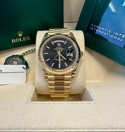 Rolex Day-date 40 New 2024 Black Index Dial Yellow Gold Fluted Bezel President Bracelet