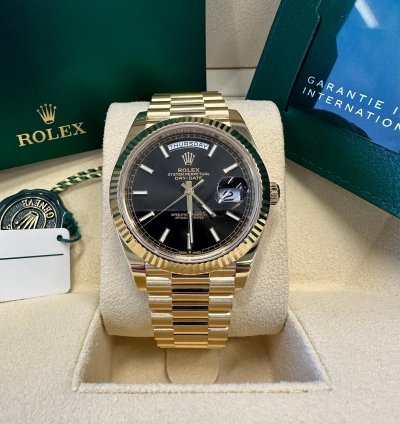Rolex Day-date 40 New 2024 Black Index Dial Yellow Gold Fluted Bezel President Bracelet