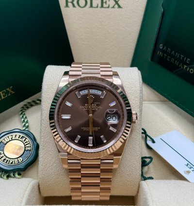 Rolex Day-date 40 New 2024 Chocolate Brown Baguette Diamond Dial Rose Gold President Bracelet