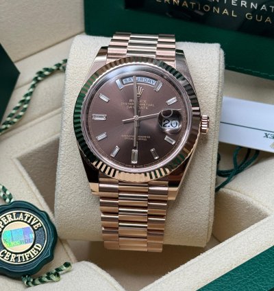 Rolex Day-date 40 New 2024 Chocolate Brown Baguette Diamond Dial Rose Gold President Bracelet