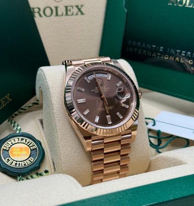 Rolex Day-date 40 New 2024 Chocolate Brown Baguette Diamond Dial Rose Gold President Bracelet