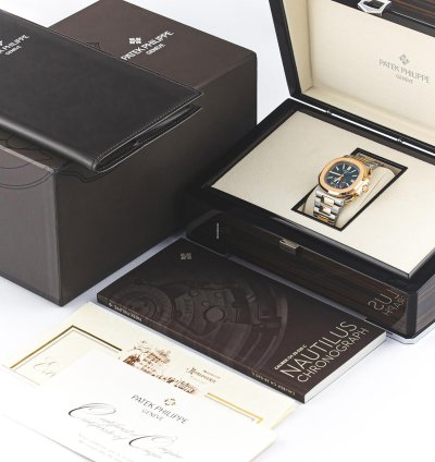 Patek Philippe Nautilus Chronograph Steel Rose Gold 18k Blue Dial Ref 5980 1ar-001 Full Set