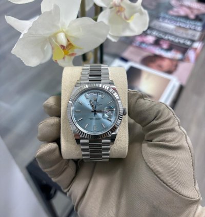 Rolex Day-date 40 Platinum Fluted Ice-blue Unworn 2024 Box And Papers