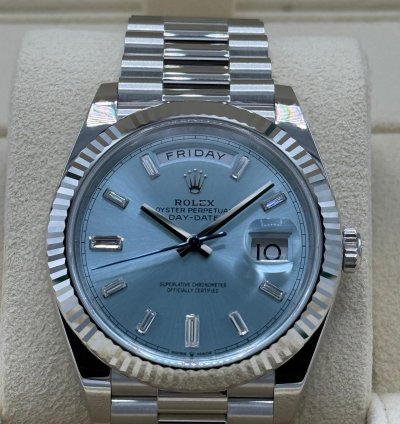 Rolex Day-date 40 Platinum Ice Blue Baguette Diamond New