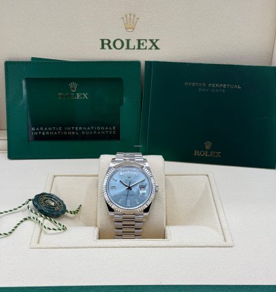 Rolex Day-date 40 Platinum Ice Blue Baguette Diamond New