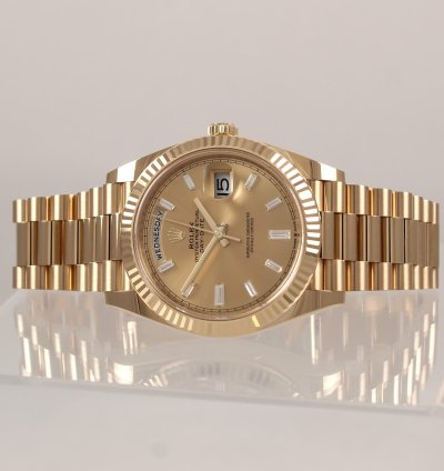 Rolex Day-date 40 President 2022 Yellow Gold Diamond Baguette Index Champagne Dial Full Set 228238