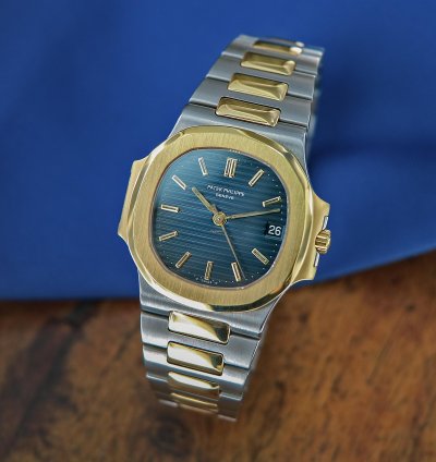 Patek Philippe Nautilus Ref 3800 18kt Yellow Gold And Stainless Steel Blue Patina Dial From Year 1984