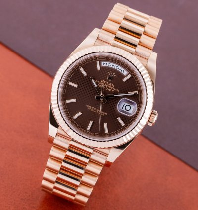 Rolex Day-date 40 Ref 228235 Chocolate Brown Motif Dial 18k Rose Gold 2019 Box And Papers