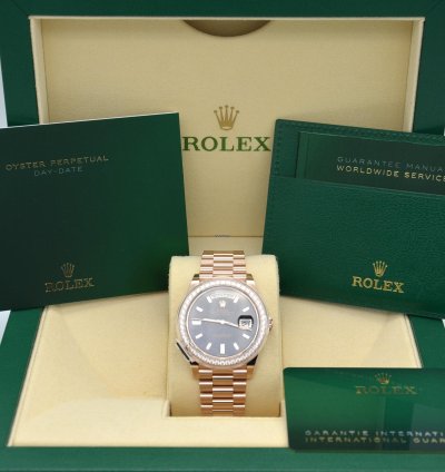 Rolex Day-date 40 Rose Gold Diamond Bezel Eisenkiesel Dial Watch