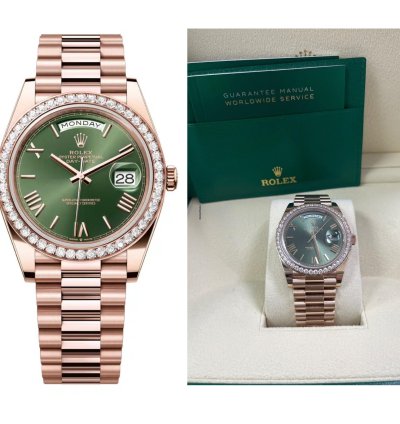 Rolex Day-date 40 Rose Gold Olive Green Roman Dial Diamond Bezel 228345rbr
