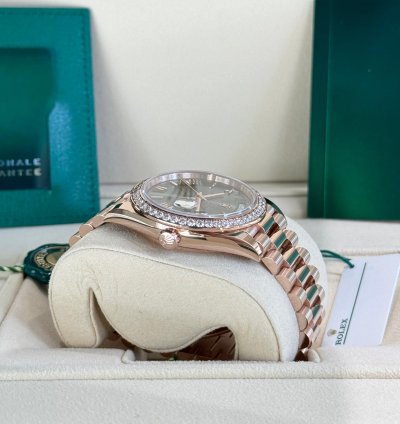 Rolex Day-date 40 Rose Gold Olive Roman Dial Diamond Bezel 2023