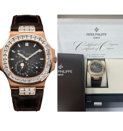 Patek Philippe Nautilus Rose Gold Diamond Bezel Moon Phase Brown Dial 5724r 001