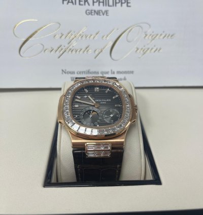 Patek Philippe Nautilus Rose Gold Diamond Bezel Moon Phase Brown Dial 5724r 001