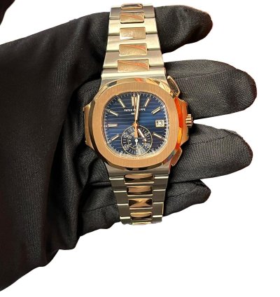 Patek Philippe Nautilus Rose Gold Stainless Steel Blue Dial Mens Watch 5980 1ar