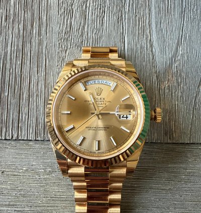 Rolex Day-date 40 Stick Dial Complete Set Card Booklet Tags Bezel And Boxes
