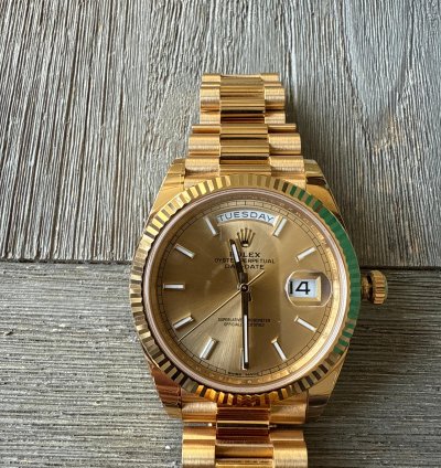 Rolex Day-date 40 Stick Dial Complete Set Card Booklet Tags Bezel And Boxes