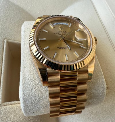 Rolex Day-date 40 Stick Dial Complete Set Card Booklet Tags Bezel And Boxes