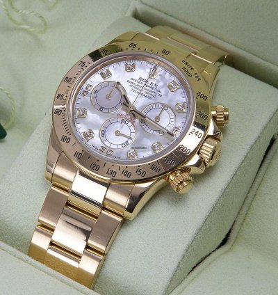 Rolex Daytona Oyster Perpetual Cosmograph Daytona 18kt Yellow Gold Mother Of Pearl Diamond Dot 116528