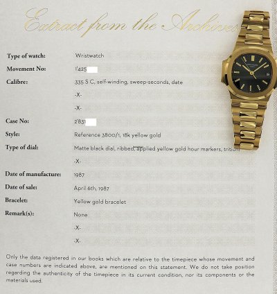 Patek Philippe Nautilus Vintage Nautilus Ref 3800 18kt Yellow Gold From 1987 With Extract Pp