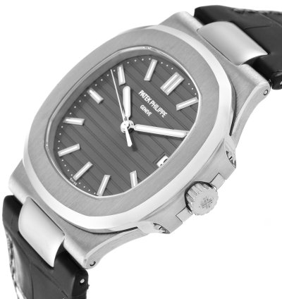 Patek Philippe Nautilus White Gold Black Strap Mens Watch 5711 Box Papers