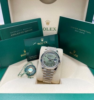 Rolex Day-date 40 Unworn Olive Green Roman Dial 40mm White Gold Fluted Bezel 228239 President Bracelet
