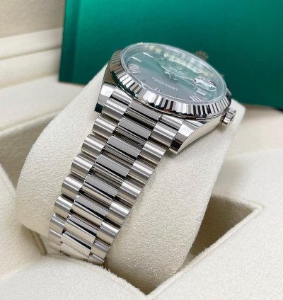 Rolex Day-date 40 Unworn Olive Green Roman Dial 40mm White Gold Fluted Bezel 228239 President Bracelet