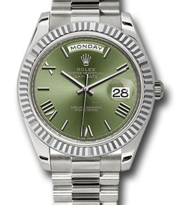 Rolex Day-date 40 Unworn Olive Green Roman Dial 40mm White Gold Fluted Bezel 228239 President Bracelet