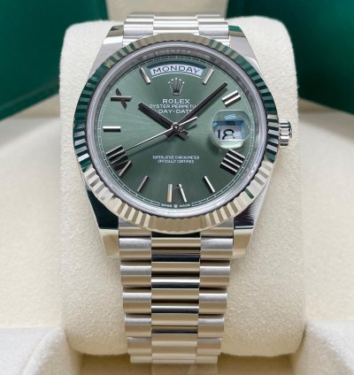 Rolex Day-date 40 Unworn Olive Green Roman Dial 40mm White Gold Fluted Bezel 228239 President Bracelet