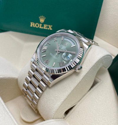 Rolex Day-date 40 Unworn Olive Green Roman Dial 40mm White Gold Fluted Bezel 228239 President Bracelet