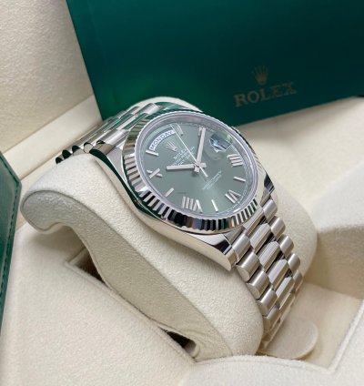Rolex Day-date 40 Unworn Olive Green Roman Dial 40mm White Gold Fluted Bezel 228239 President Bracelet