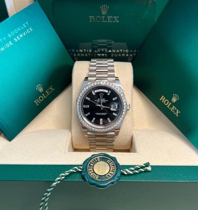 Rolex Day-date 40 Unworn White Gold Day-date Presidential Black Baguette Dial Diamond Bezel 228349rbr