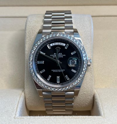 Rolex Day-date 40 Unworn White Gold Day-date Presidential Black Baguette Dial Diamond Bezel 228349rbr