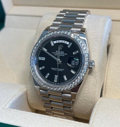 Rolex Day-date 40 Unworn White Gold Day-date Presidential Black Baguette Dial Diamond Bezel 228349rbr